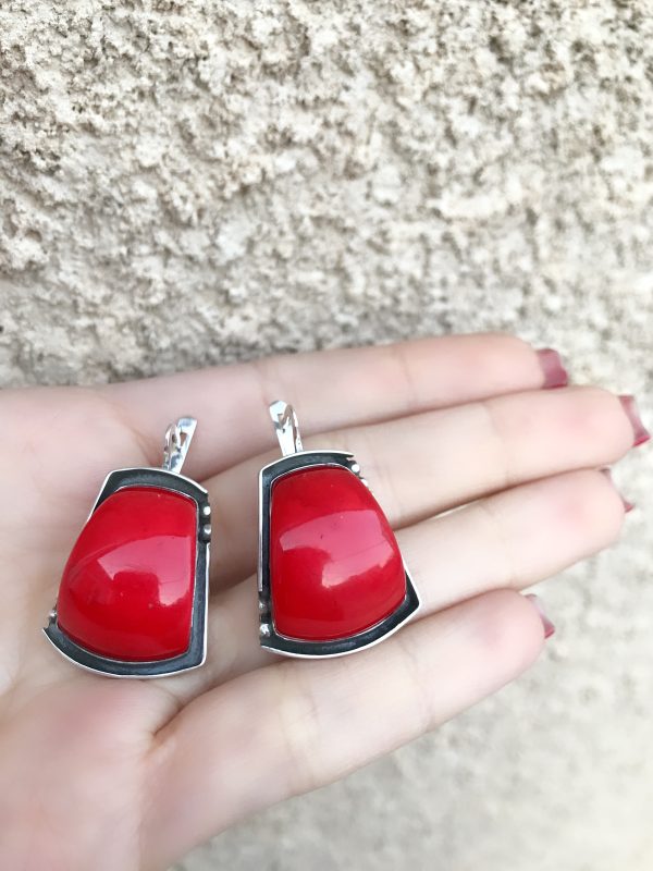 Red Coral jewellery set Sterling silver 925 Armenian jewellery Handmade natural red gem ring and earrings Best gift for her