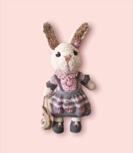 Handmade Knitted Bunny in Pink and Grey Dress