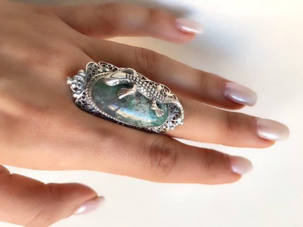 Sterling silver 925 ring Natural Agate ring with lizard , natural gemstone jewellery , Armenian ring , armenian silver jewellery full finger ring transparent agate ring