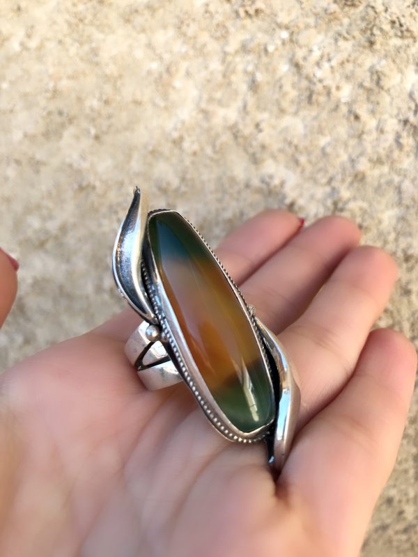 Sterling silver 925 ring Natural Agate ring Armenian Silver 925 Extra Large ring Extra large jewellery Adjustable ring green and yellow gemstone