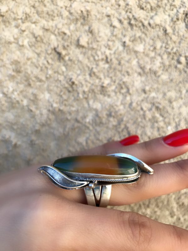 Sterling silver 925 ring Natural Agate ring Armenian Silver 925 Extra Large ring Extra large jewellery Adjustable ring green and yellow gemstone