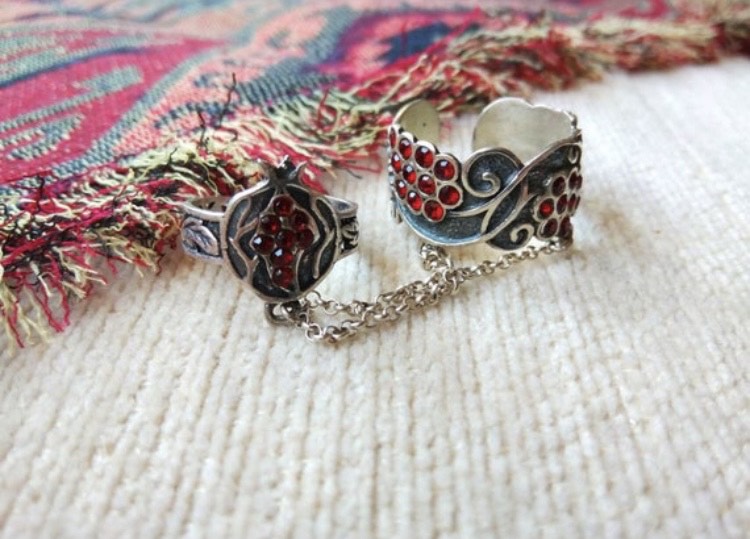Handmade sterling silver Pomegranate duble rings • BuyArmenian Marketplace
