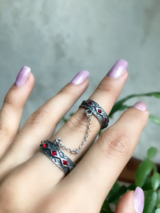 Sterling silver 925 jewellery , Armenian rings , Armenian double ring , full finger ring , chain ring , red zircon rings Silver 925 Armenian handmade rings