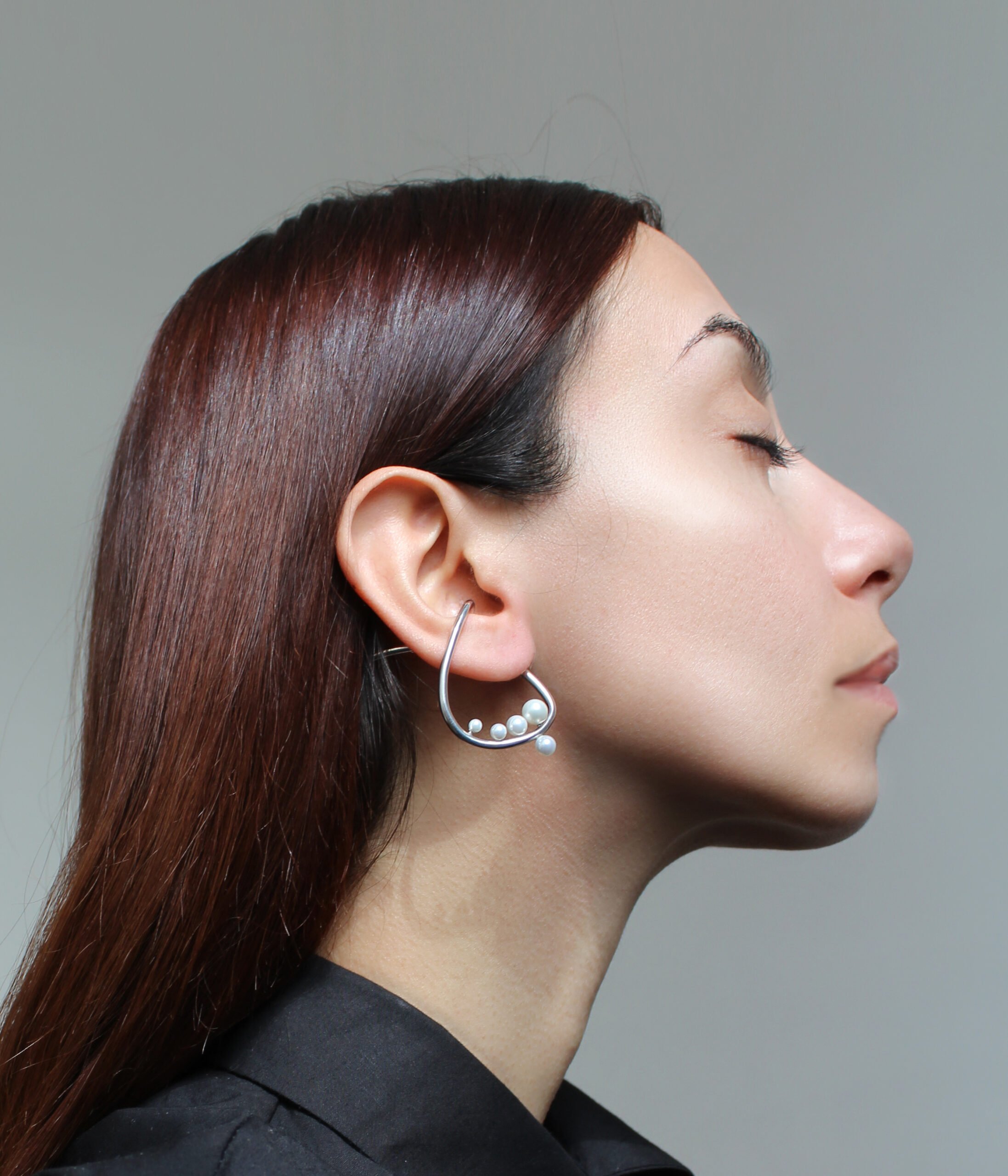 PEARL EAR CUFF HOOP EARRING - Silver
