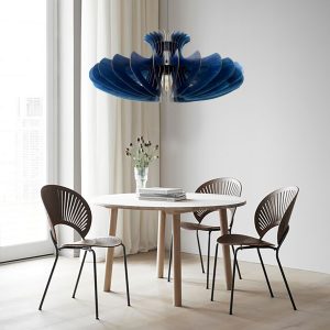 Navy-Blue Pendant Light, LARGE Chandelier Lighting Wooden Light Fixture, Hanging Dining Lamp, Minimal Contemporary Ceiling Light Modern Wood