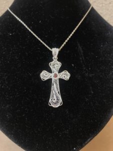 Silver filigree handmade necklace Cross with garnet 040