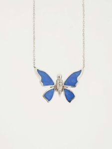 18k gold butterfly diamond pendant with blue enamel