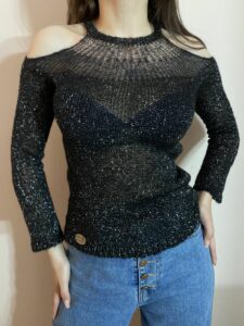 Black thick mohair with sparkle soft mohair outfit fitted sweater Soft oversize blouse with Italian Mohair yarn