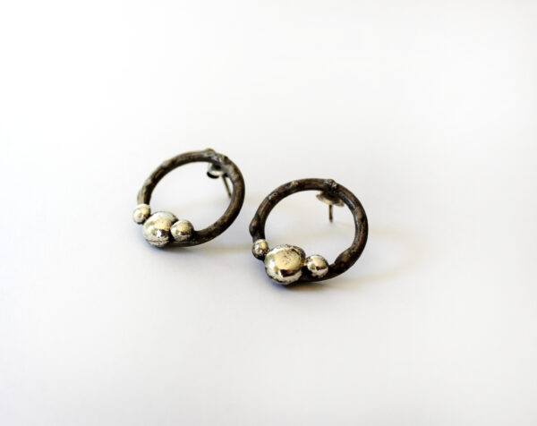 Circle Stud Earrings -Post Hoop Earrings - Oxidized Silver Stud Earrings, Dash Hammered Circle Earrings, Everyday Silver Jewelry, Gift Idea!
