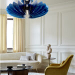 Navy-Blue Pendant Light, LARGE Chandelier Lighting Wooden Light Fixture, Hanging Dining Lamp, Minimal Contemporary Ceiling Light Modern Wood