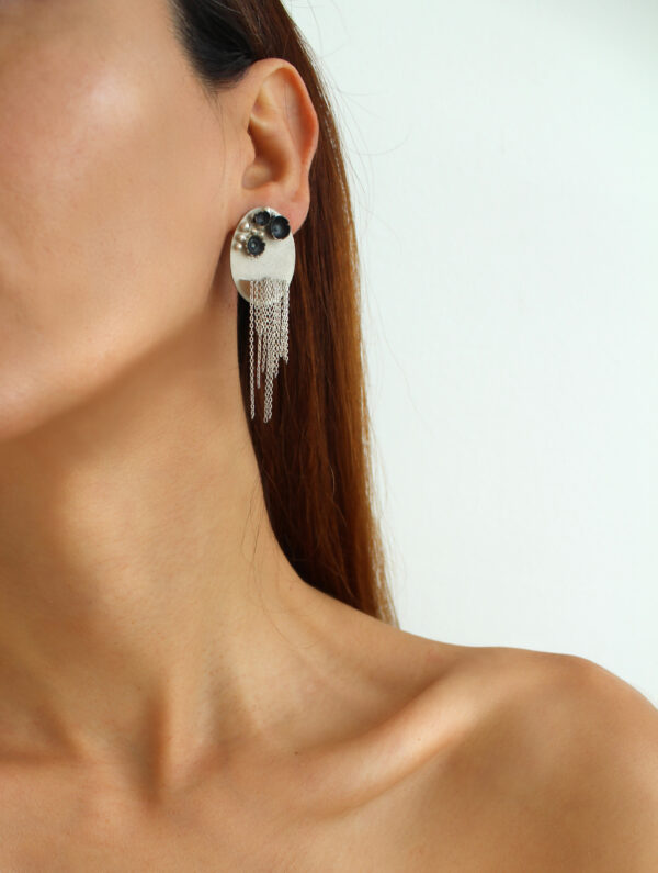 Oval Stud Earrings, Silver Floral Design Costume Jewelry Earrings, Modern Earrings Statement Earrings, Chain earrings, Geometric Earrings