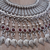 Silver Plated Half Moon Pomegranate Drop Coin Statement Necklace