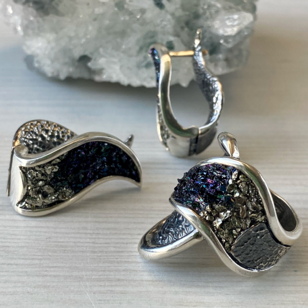 Pyrite Carborundum and Sterling Silver Jewelry Set