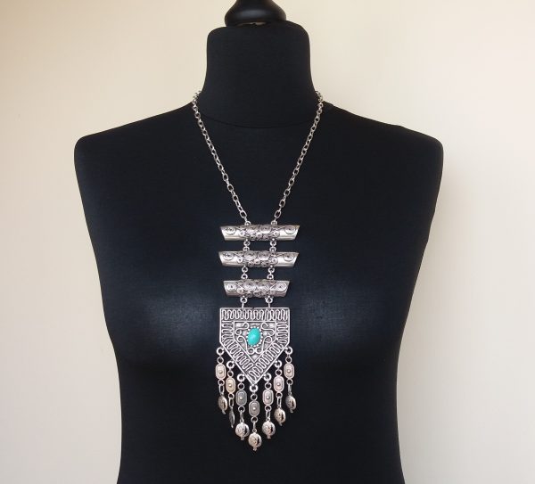 Silver Plated Pomegranate Half Cylinder Pentagon Long Ethnic Statement Necklace, Armenian Statement Necklace with Turquoise Stone