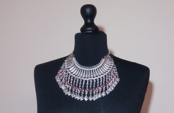 Silver Plated Half Moon Pomegranate Drop Coin Statement Necklace