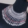 Silver Plated Half Moon Pomegranate Drop Coin Statement Necklace