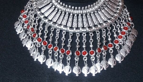 Silver Plated Half Moon Pomegranate Drop Coin Statement Necklace