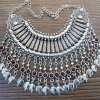 Silver Plated Half Moon Pomegranate Drop Coin Statement Necklace