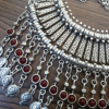 Silver Plated Half Moon Pomegranate Drop Coin Statement Necklace