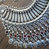 Silver Plated Half Moon Pomegranate Drop Coin Statement Necklace