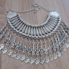 Silver Plated Half Moon Pomegranate Drop Coin Statement Necklace