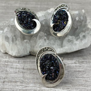 Sterling silver Jewelry Set with natural gemstones pyrite and carborundum