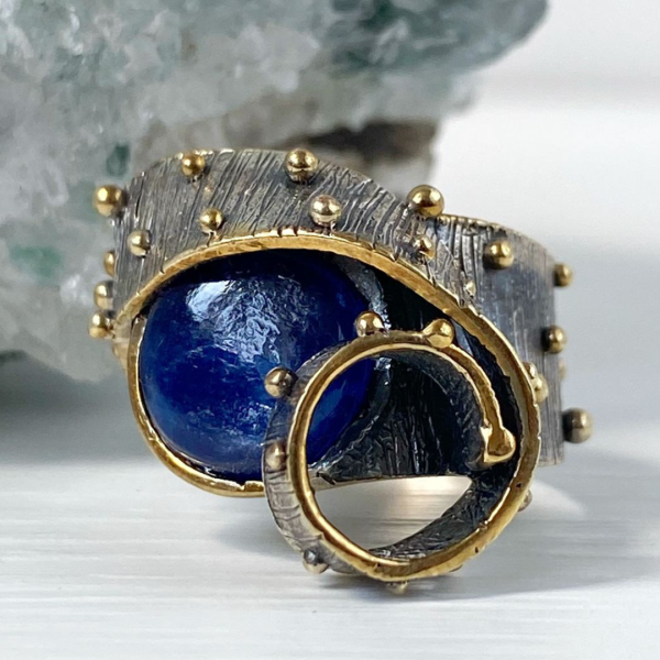 Exclusive ring | Natural kyanite | Sterling silver & gilding | Handmade jewelry