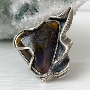 Silver ring with natural black agate