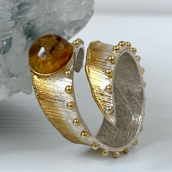 Exclusive ring | Natural amber | Sterling silver & gilding | Handmade jewelry by Shahinian