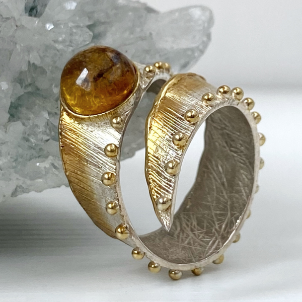 Exclusive ring | Natural amber | Sterling silver & gilding | Handmade jewelry by Shahinian