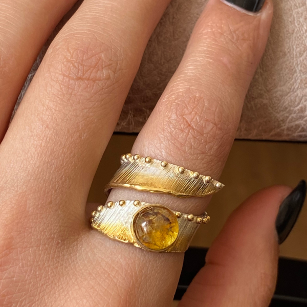 Exclusive ring | Natural amber | Sterling silver & gilding | Handmade jewelry by Shahinian