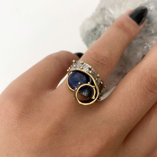 Exclusive ring | Natural kyanite | Sterling silver & gilding | Handmade jewelry