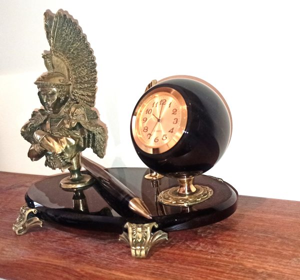 Pen Set With Bronze Roman Cavalry Officer And Obsidian Watch