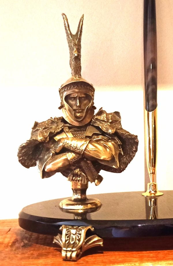 Pen Set With Bronze Roman Cavalry Officer And Obsidian Watch