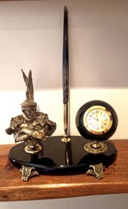 bronze Roman cavalry officer figurine, obsidian watch and pen