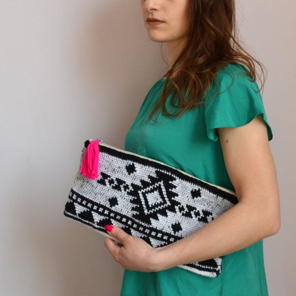 Black and White Casual Chic Crochet Pouch with Pink Tassel