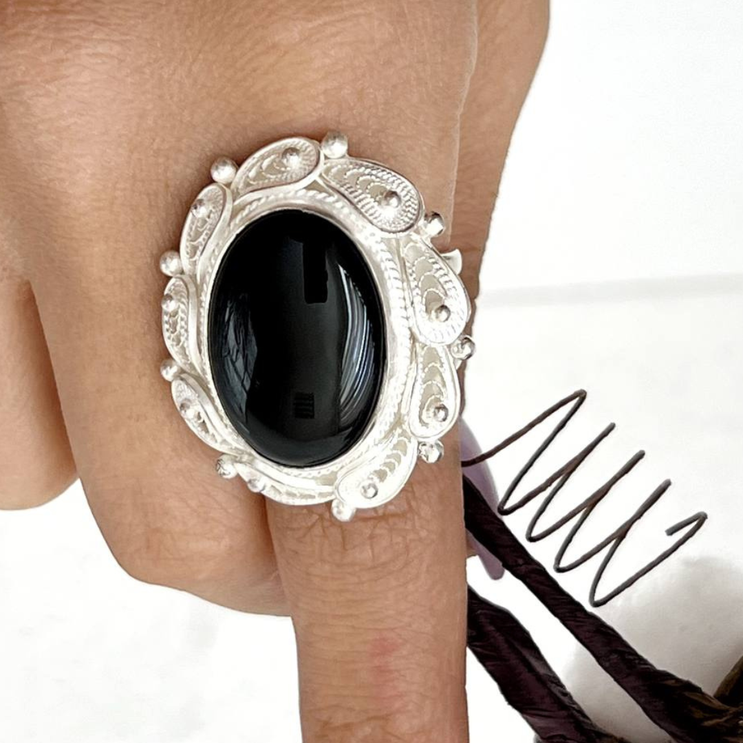 Black Fire Obsidian Ring - Sterling and Gold - Signet ring – Earth Art