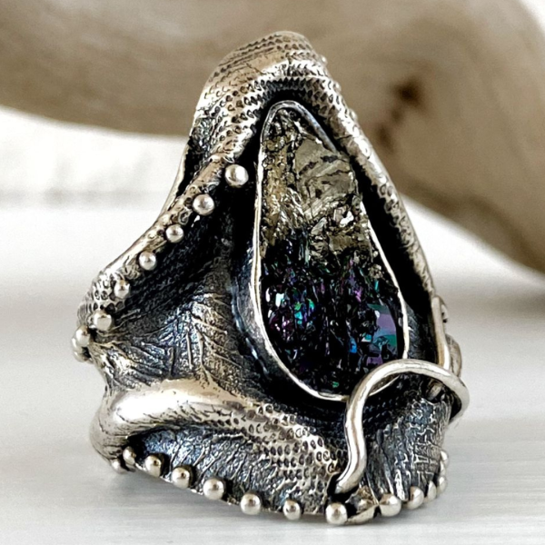 Pyrite & Carborundum Silver Ring