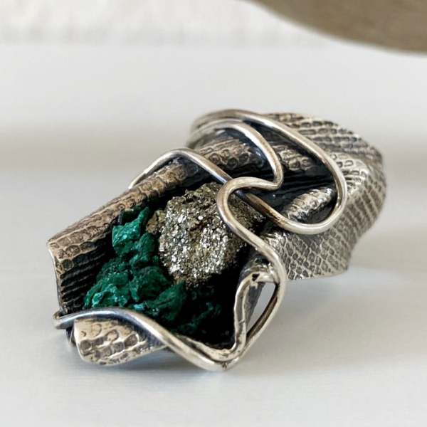 Malachite & Pyrite Silver Ring