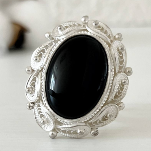 Sterling silver ring “Venus” | Black obsidian | Handmade Filigran work by Shahinian jewelry
