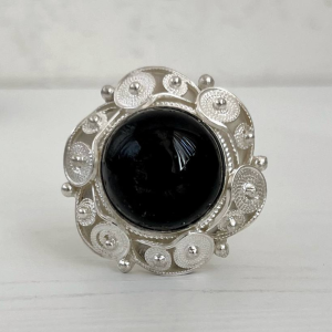 Sterling silver ring “Neptune” | Black obsidian | Handmade Filigran work by Shahinian jewelry