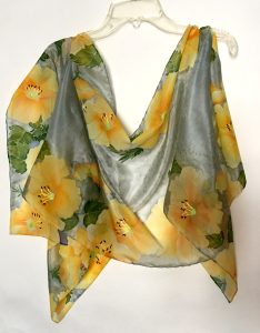 Silk hand painted scarf Yellow Lilies On Grey
