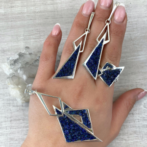 Silver triangle | natural blue azurite| unique jewelry by Shahinian studio