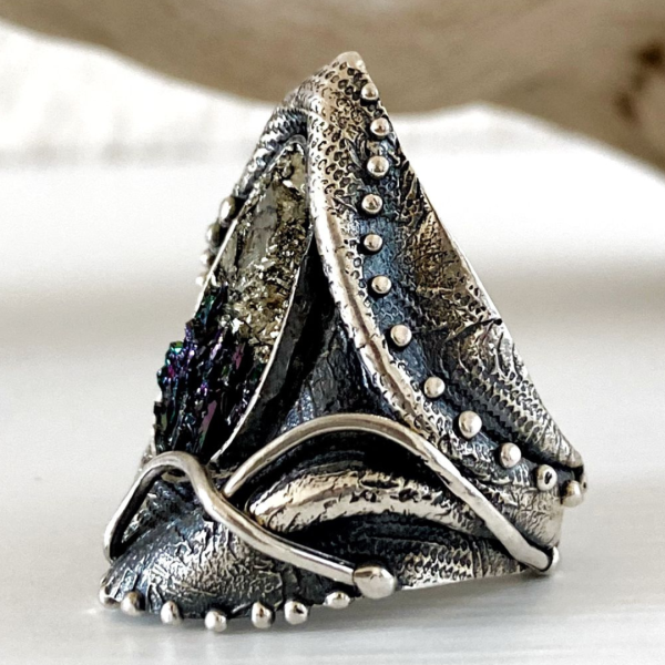 Pyrite & Carborundum Silver Ring