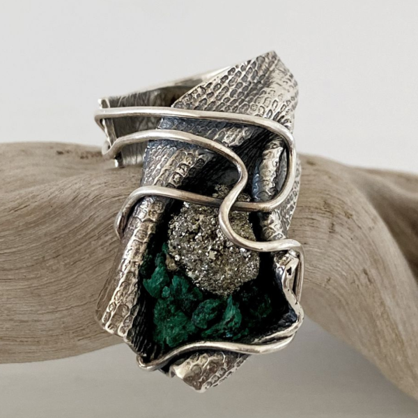 Malachite & Pyrite Silver Ring