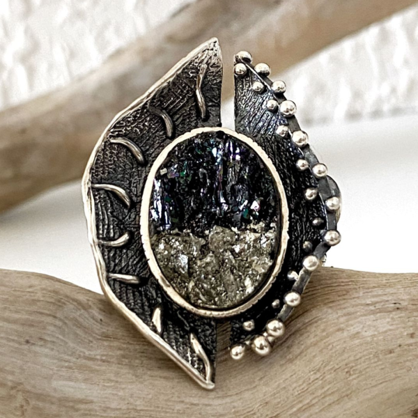 Pyrite & Carborundum Silver Ring