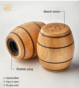 ELEGANT Wooden Salt and Pepper Shakers SET: Barrel Shaped: Handmade