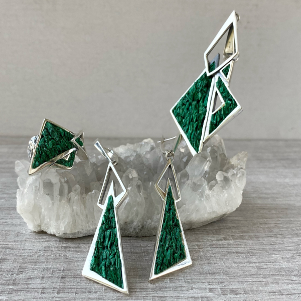 Silver triangle | natural green malachite | unique jewelry by Shahinian studio