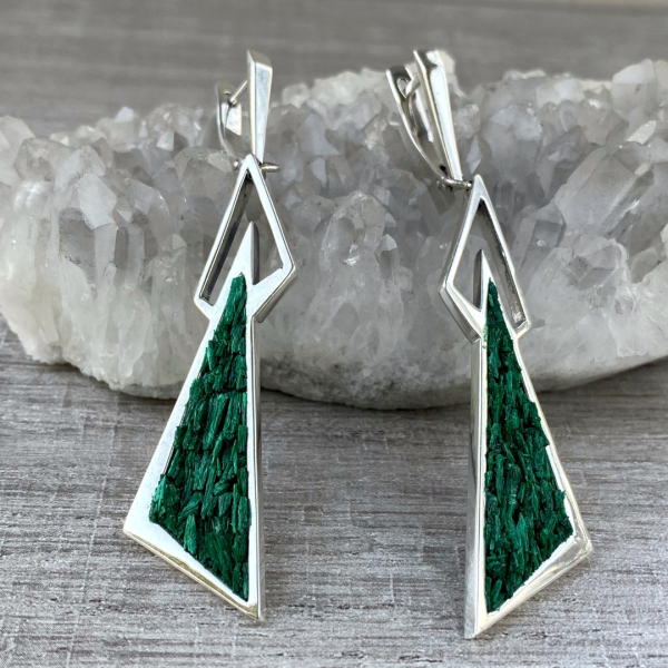 Silver triangle | natural green malachite | unique jewelry by Shahinian studio