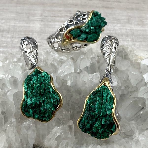 24K Gold Plated Sterling Silver Malachite Jewelry Set